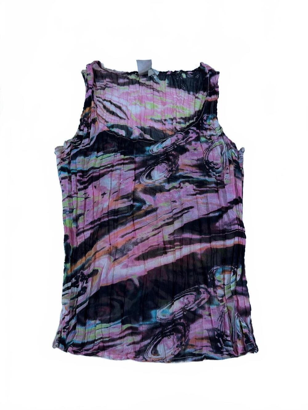 Y2K Alberto Makali Accordion Fold Semi Sheer Abstract Swirl Fitted Tank Top Sz M
